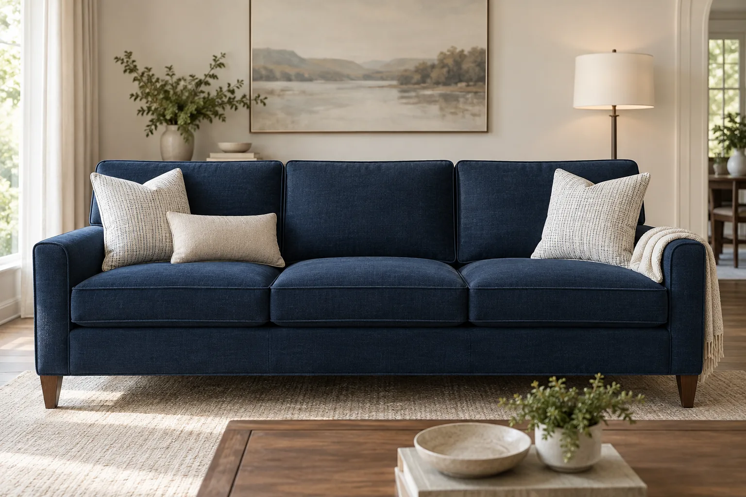 Neu bezogenes Sofa in tiefblauem Stoff