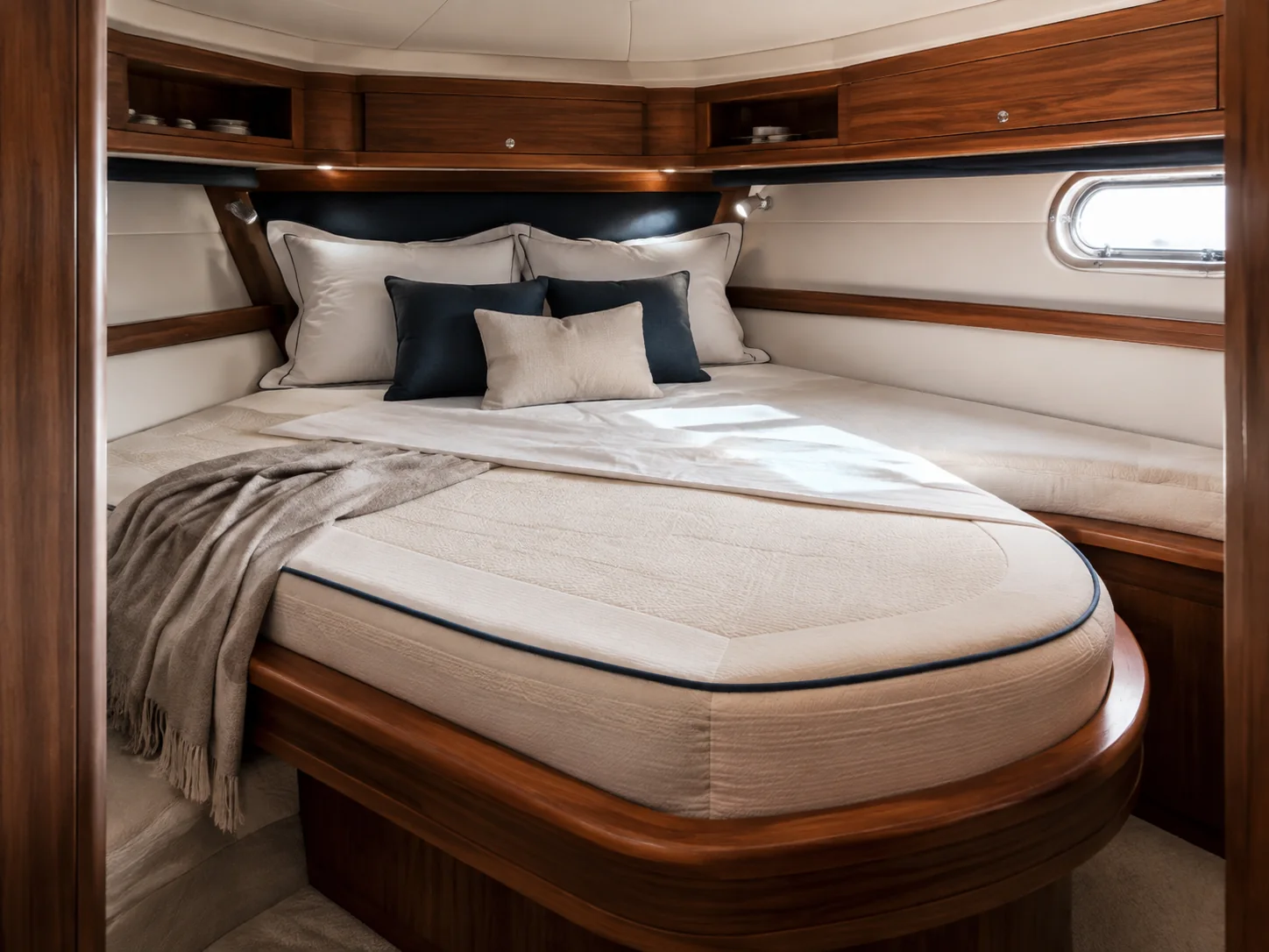 Maßgefertigte Yachtmatratze in einer eleganten Kabine