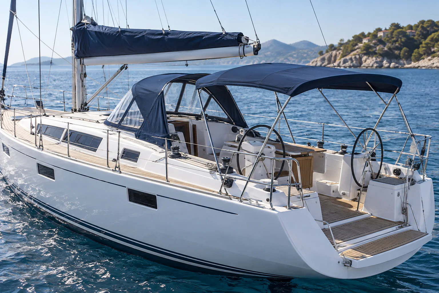 Boot mit Bimini und Sprayhood in dunkelblauem Marinegewebe