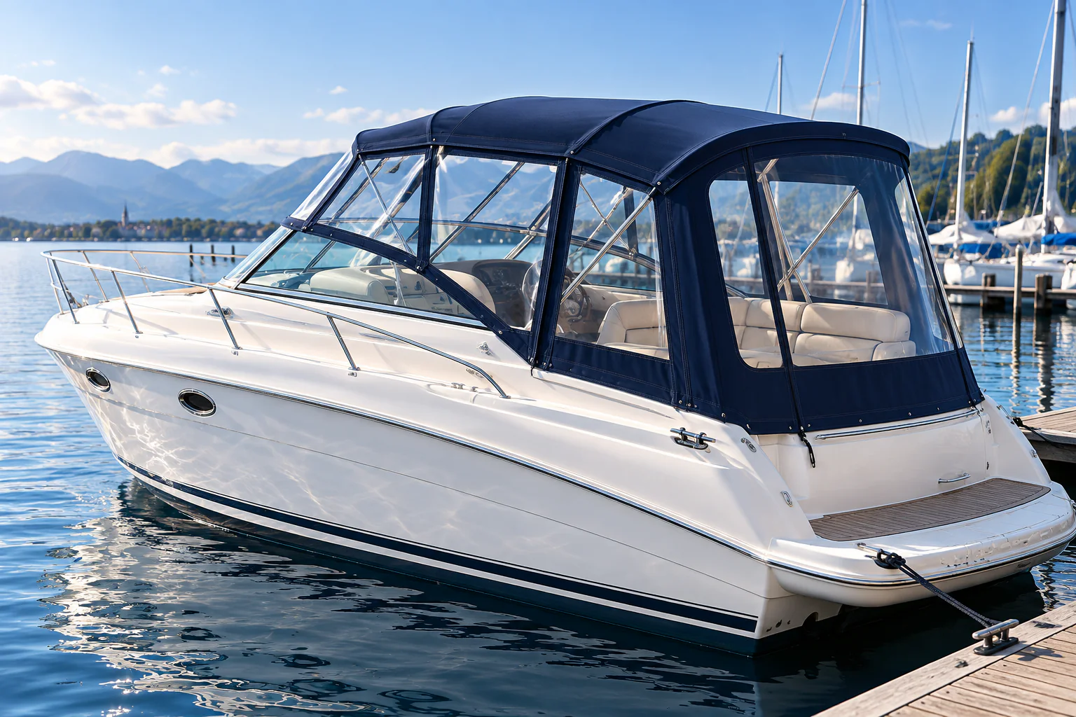 Motorboot mit passgenauem Camperverdeck und klaren Fenstern