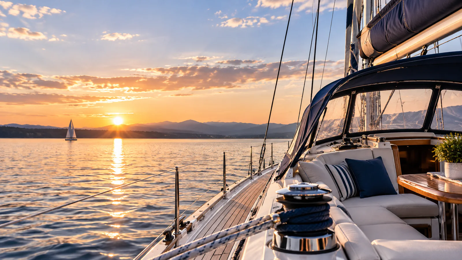 Segelboot-Cockpit mit maßgefertigten Polstern am See