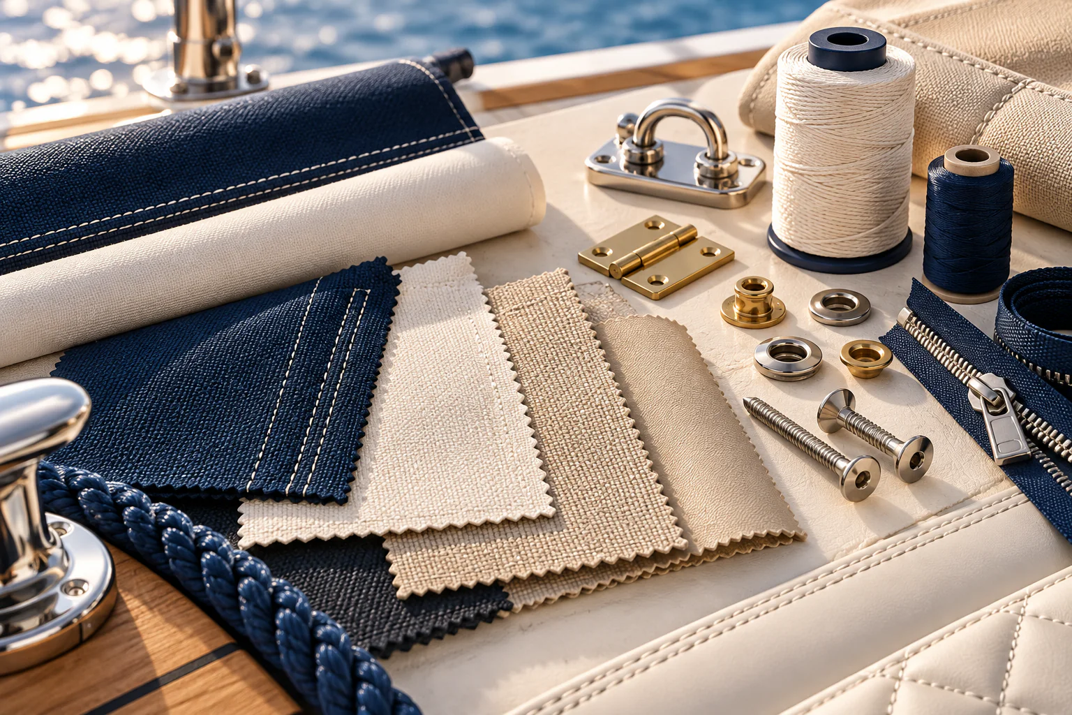 Marinegewebe, Garne, Reißverschluss und Befestigungsteile in Navy und Beige