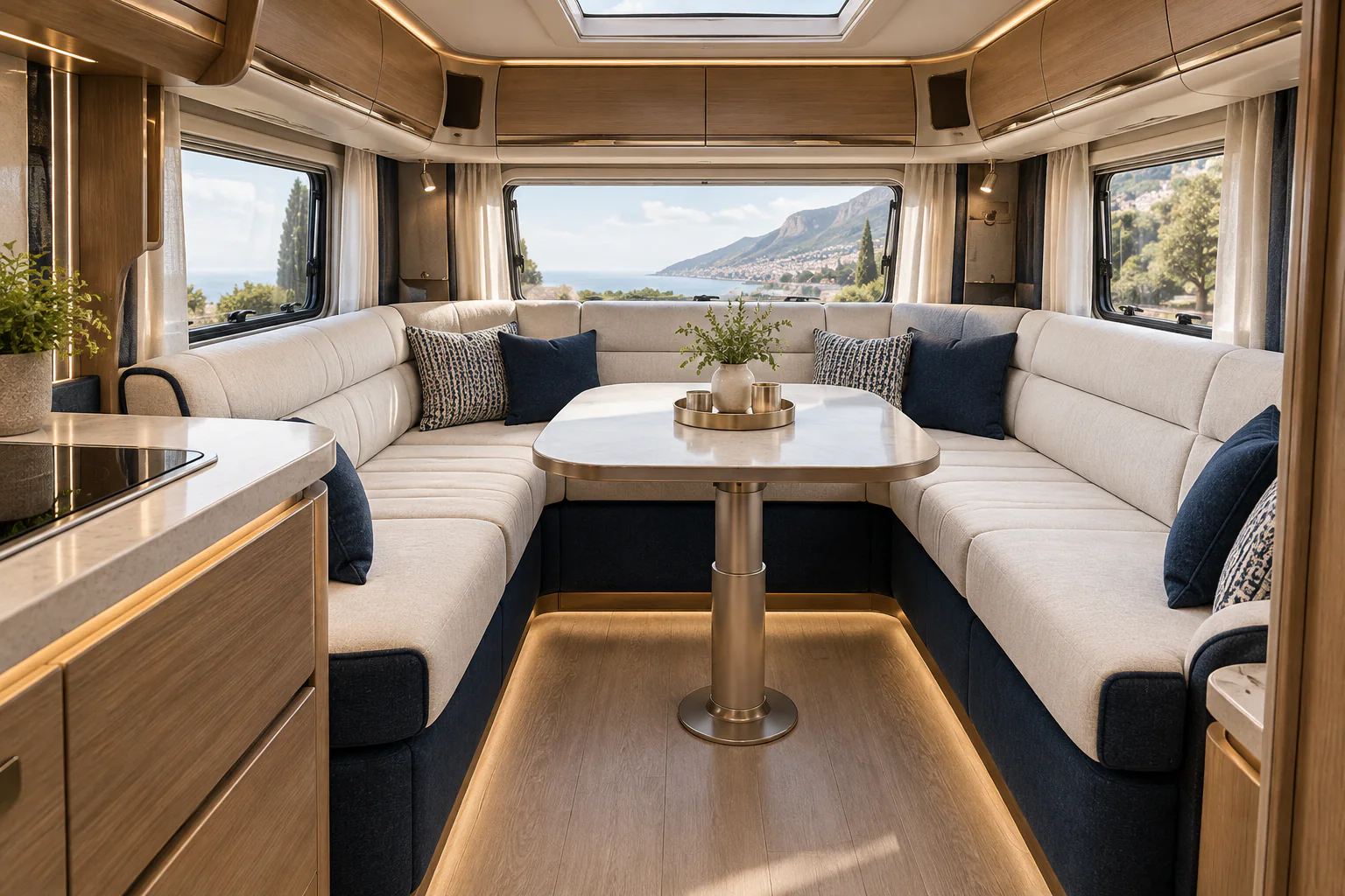 Sitzgruppe im Wohnmobil mit hellen maßgefertigten Polstern