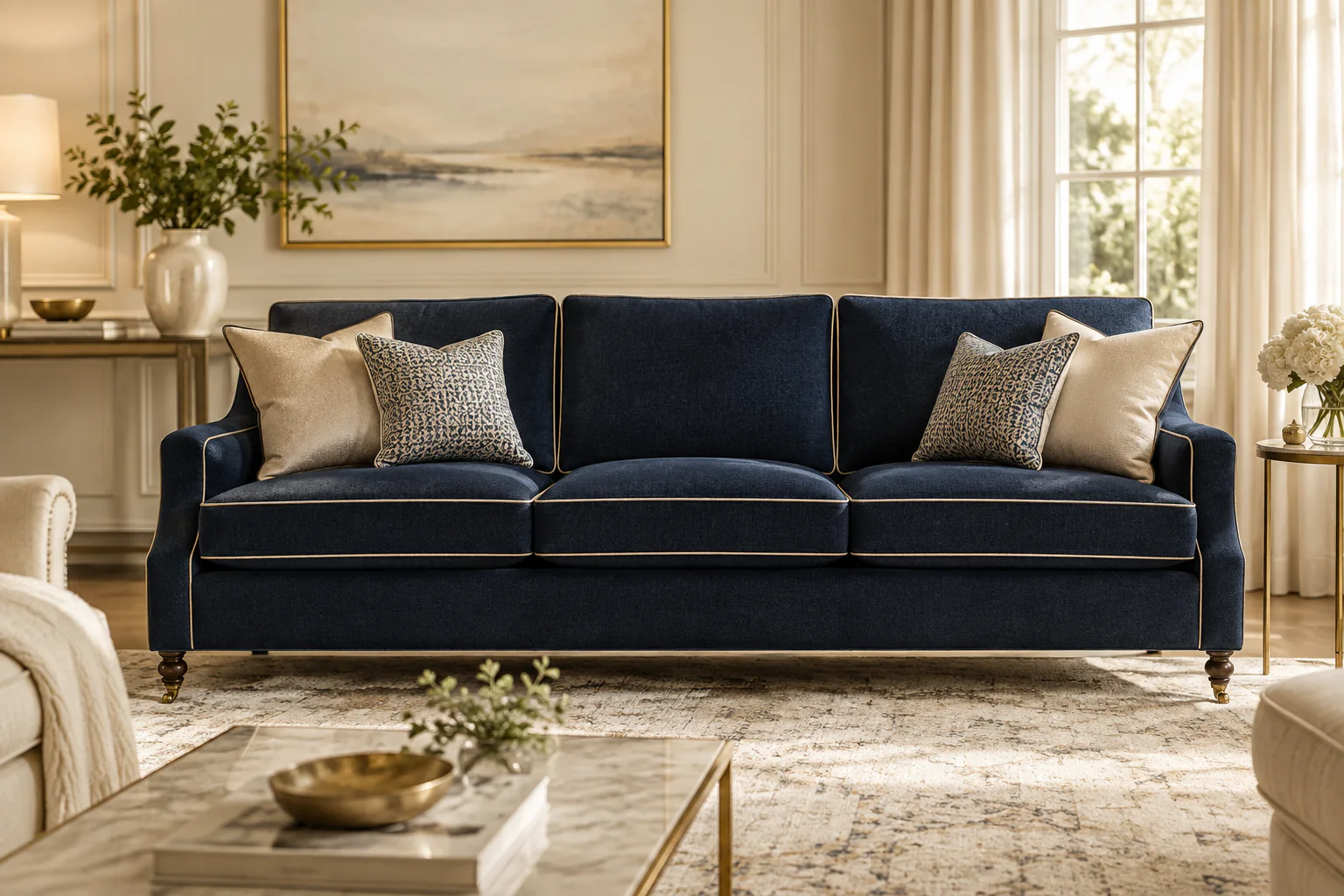 Hochwertig neu gepolstertes Sofa in warmem Beige