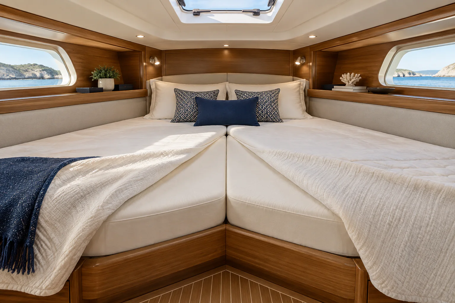 Passgenaue Yachtmatratze in einer hellen Bugkabine