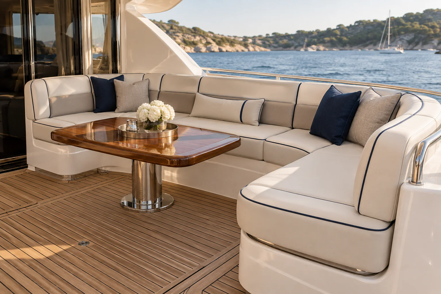 Maßgefertigte helle Yachtpolster mit dunkelblauen Details